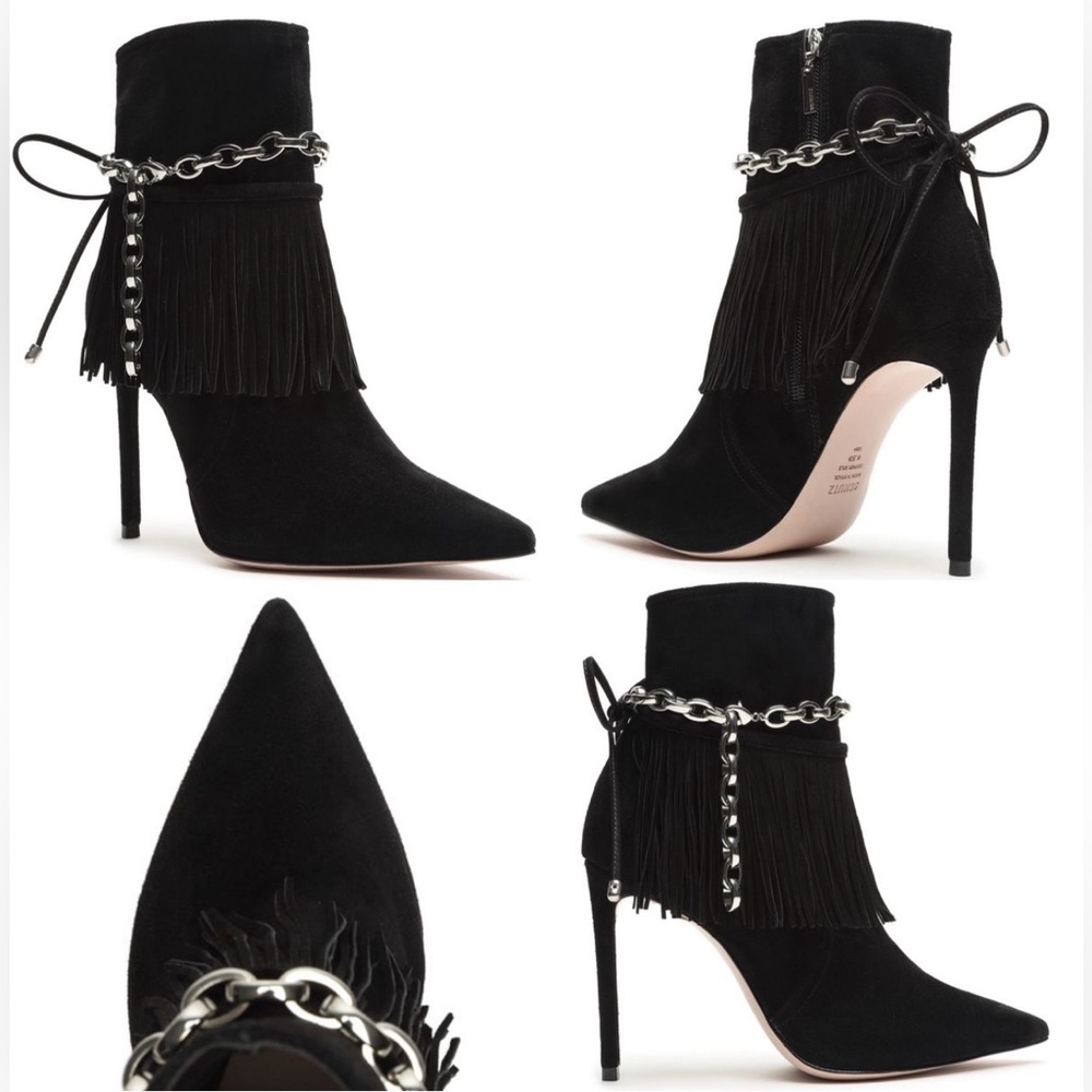 NWT, size 8.5, Schultz "Monah" fringe ankle chain stiletto bootie in black suede